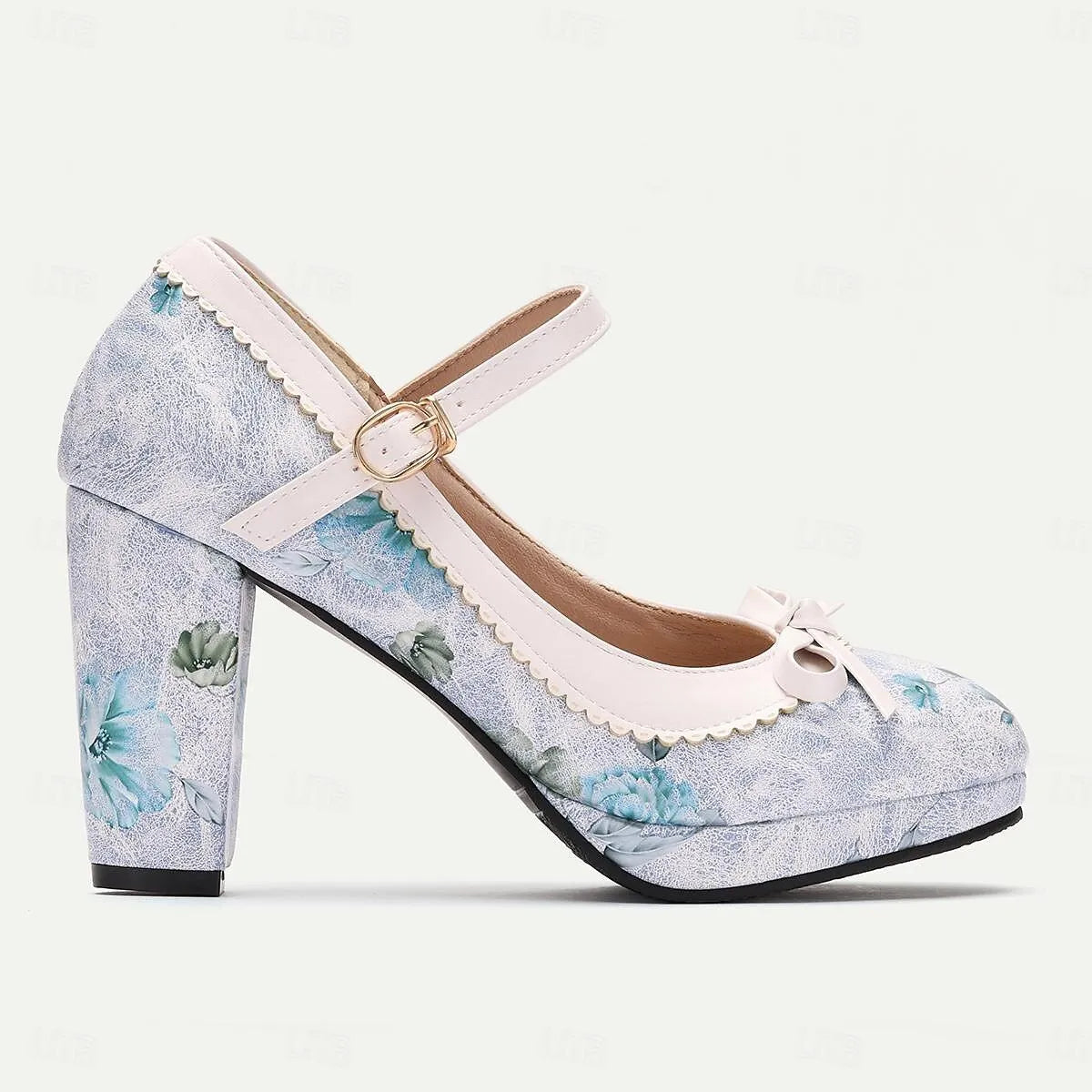 Floral White Platform Mary Jane Heels with Bow for Women - Tokiyos