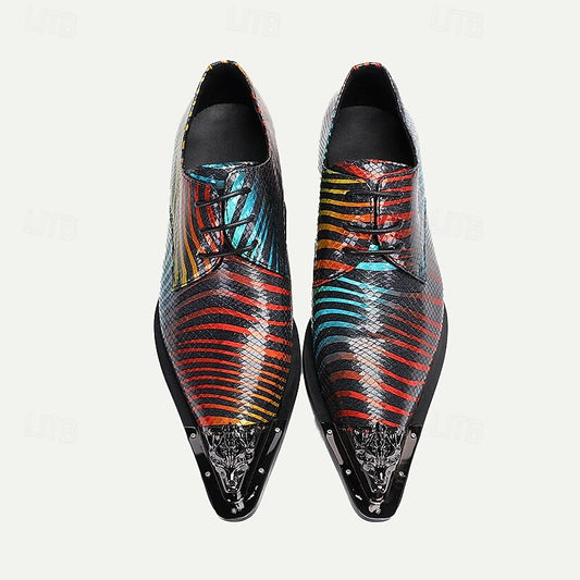 Men's Multicolor Snakeskin Leather Dress Shoes-Pointed Toe Lace-Up Shoes