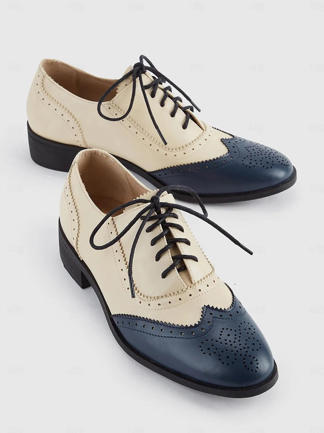 Women's Two-Tone Navy and Cream Lace-Up Oxford Shoes with Brogue Detailing