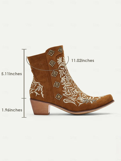 Women's Brown Embroidered Western Ankle Boots with Studded Details - Perfect for Casual Outings and Rodeo Events