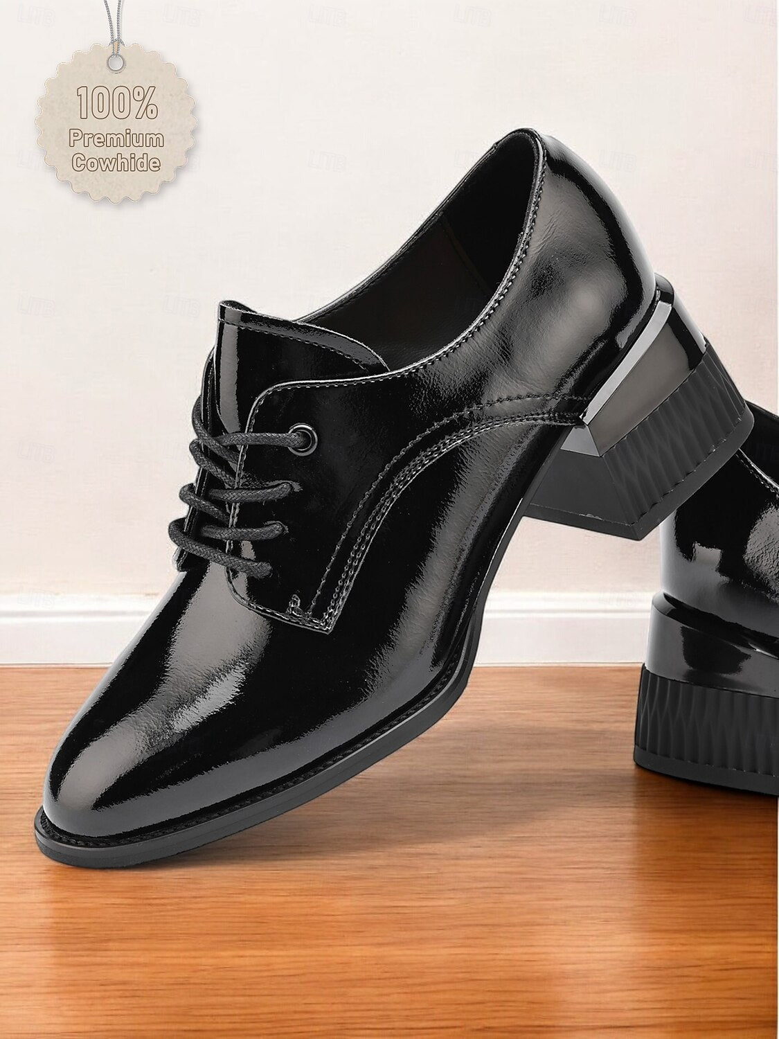 Women's Black Patent Leather Oxford Shoes – Premium Cowhide Formal Lace-Up Shoes for Weddings, Business, and Special Occasions