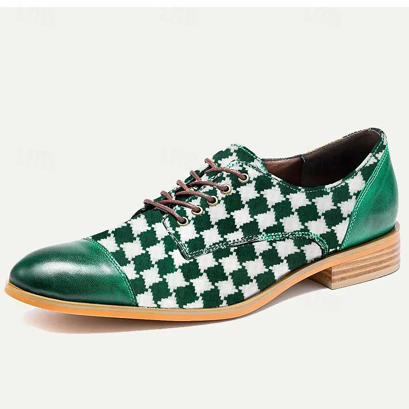 Men's Green and White Checkered Premium Cowhide Oxford Shoes with Leather Accents - Stylish & Comfortable