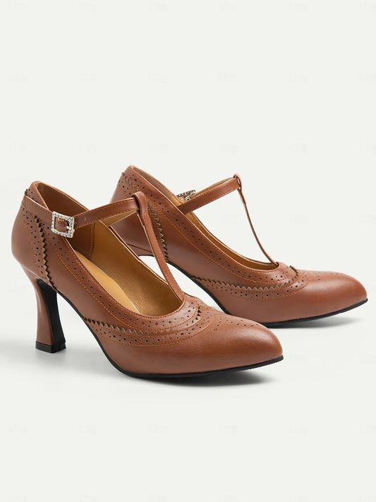 Women's Brown T-Strap Heeled Mary Jane Shoes with Brogue Detailing - Vintage Style High Heel Dress Shoes for Elegant Occasions