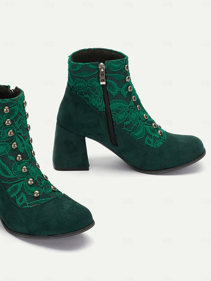 Women's Green Faux Suede Ankle Boots with Snap-Button, Lace Overlay and Side Zipper