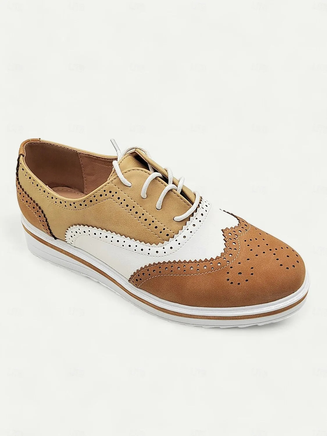 Women's Pink and Beige Brogue Oxford Sneakers, Lace-Up Casual Shoes with Wingtip Detailing for Everyday Wear