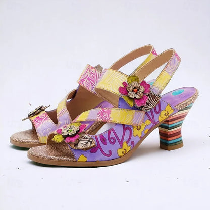 Women's Floral Print Strappy Chunky Heel Sandals - Tokiyos