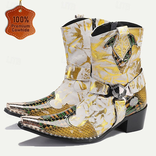 Men's Gold Snakeskin Leather Motorcycle Boots Western Style