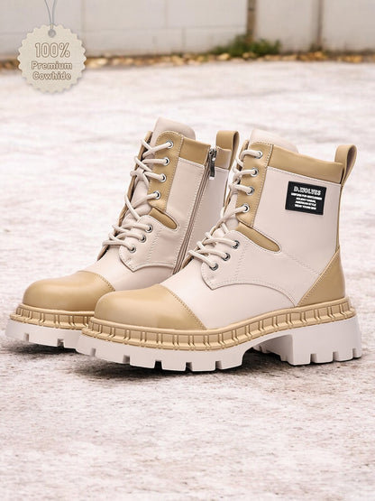 Women's Beige and Cream Chunky Combat Boots with Rugged Sole and Lace-Up Design - Streetwear and Outdoor Fashion