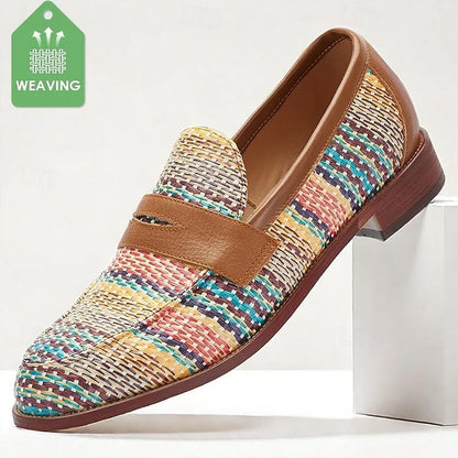 Men's Multicolor Woven Loafers - Breathable Brown Slip-On Casual Shoes