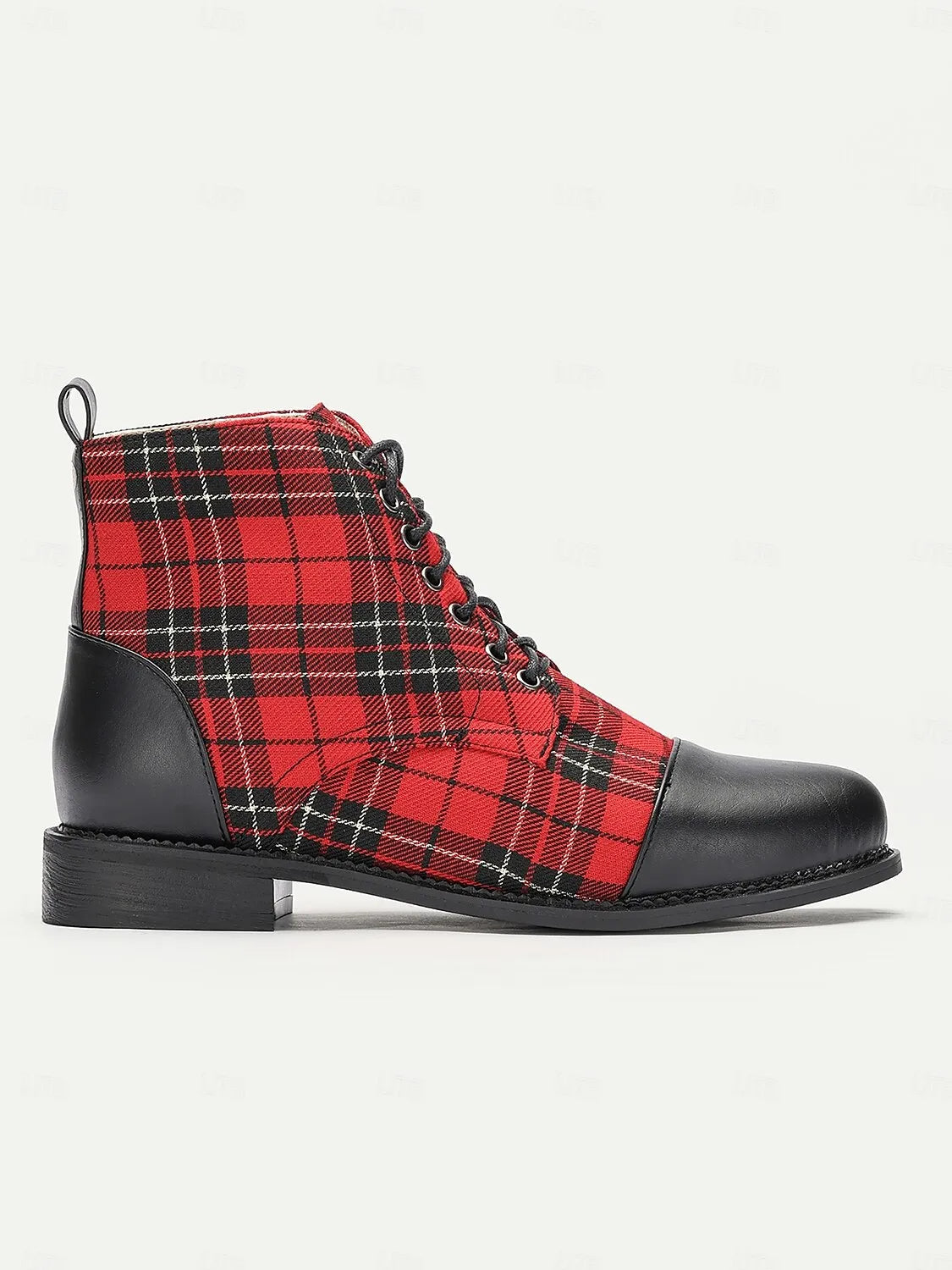 Women's Red Tartan Plaid Ankle Boots with Black Leather Toe Cap