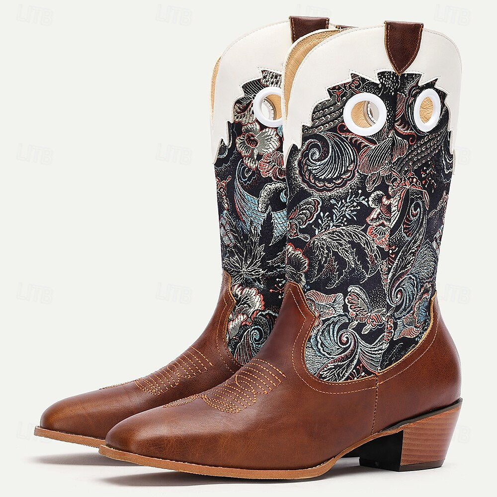 Men's Premium Cowhide Leather and Jacquard Fabric Western Cowboy Boots with Floral Embroidery-Vintage Style Boots for Ranch and Outdoor Wear