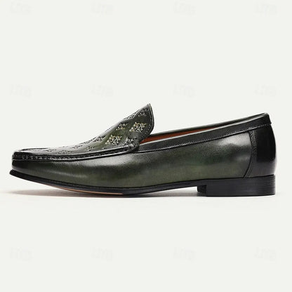 Men's Green Embossed Leather Loafers with Patterned Design for Business and Casual Wear in Classic Style