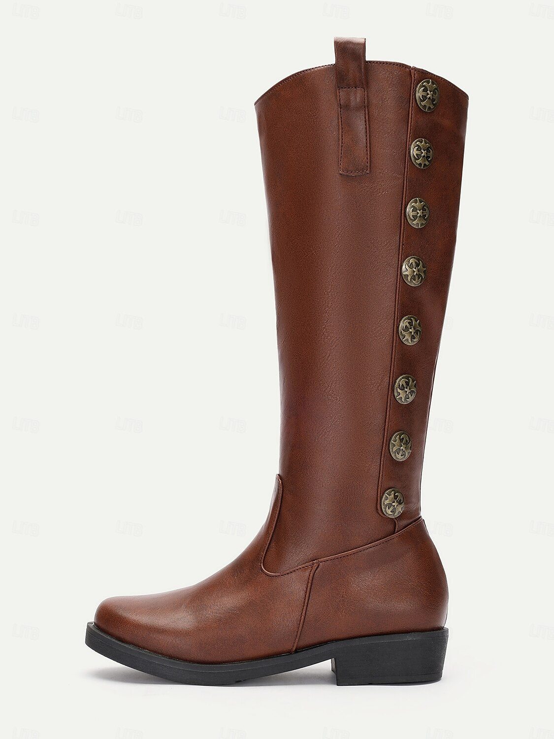 Women's Vintage Brown Knee-High Boots with Decorative Buttons Stylish Faux Leather