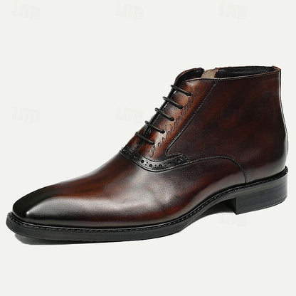 Men's Vintage Brown Leather Ankle Boots - Side Zipper, Lace-Up Design