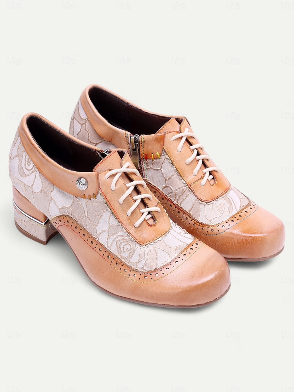 Women's Vintage Tan Oxford Shoes with Premium Leather, Brogue Detailing, Floral Embroidery, and Low Block Heel