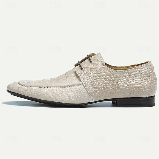 Men's Luxury Alligator Pattern Leather Lace-Up Dress Shoes in Ivory - Tokiyos