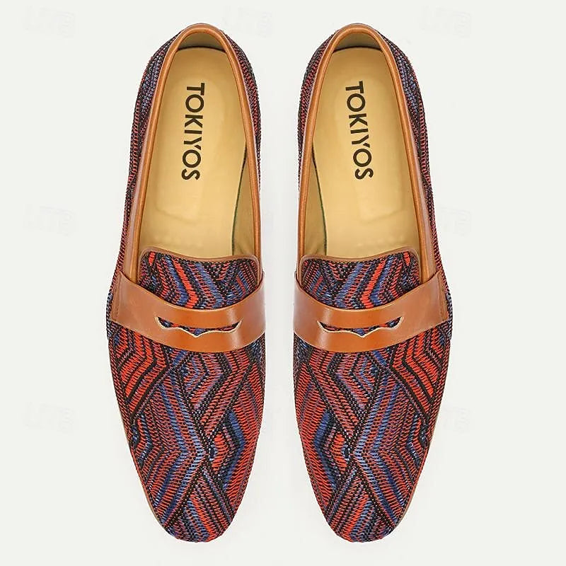 Men's Brown and Red Woven Slip-On Loafers - Breathable Patterned Casual Shoes