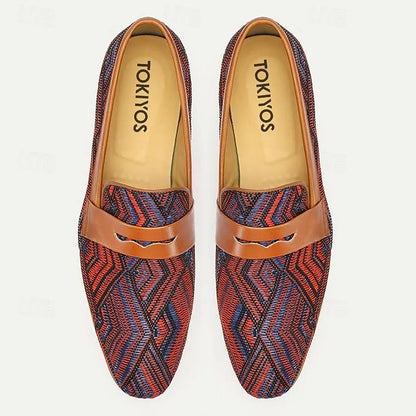 Men's Brown and Red Woven Slip-On Loafers - Breathable Patterned Casual Shoes