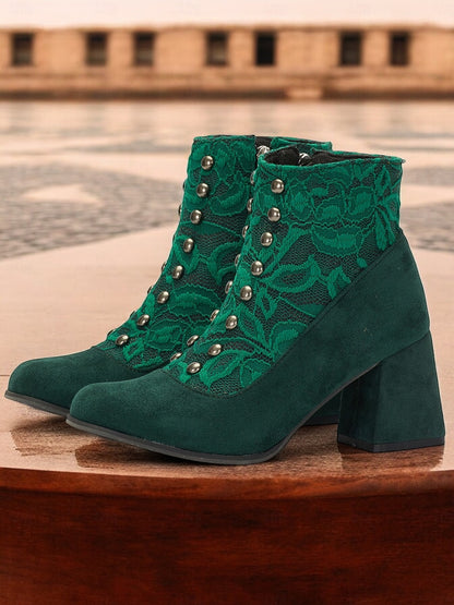 Women's Green Faux Suede Ankle Boots with Snap-Button, Lace Overlay and Side Zipper