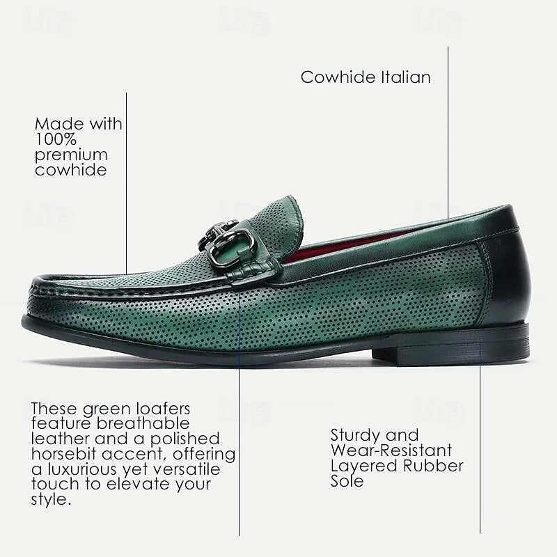 Men's Loafers Perforated Green Leather Silver Horsebit - Tokiyos