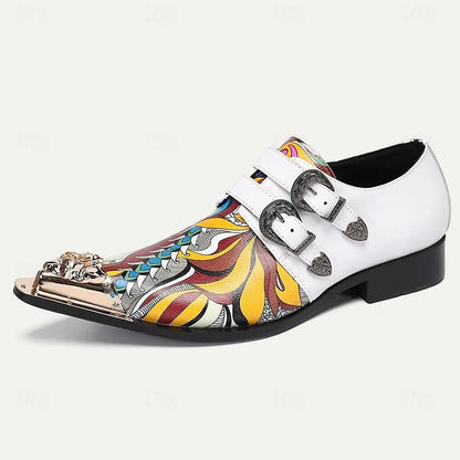 Men's White Monk Strap Shoes Colorful Artistic Print Lion Head Buckles - Tokiyos