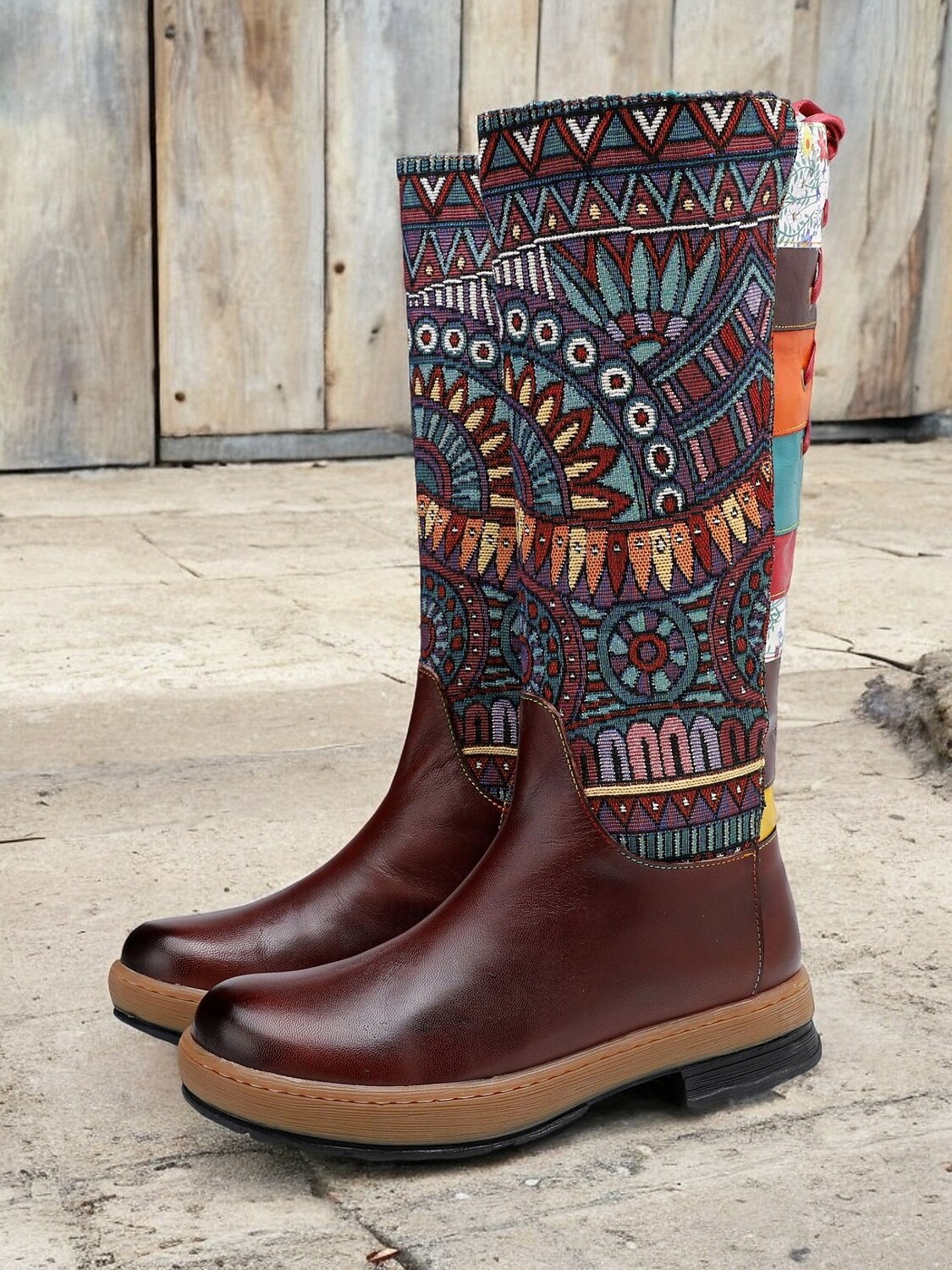 Women's Boho Premium Cowhide Leather Western Cowboy Boots with Ethnic Print - Vintage Style Casual Mid-Calf Riding Boots for Festival Outfits