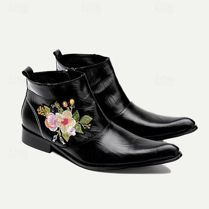 Men's Premium Cowhide Embroidered Leather Ankle Boots - Stylish Floral Design for Casual or Formal Wear