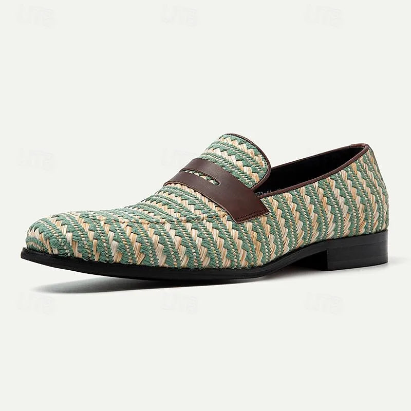 Men's Green and Beige Woven Loafers - Breathable Slip-On Casual Shoes