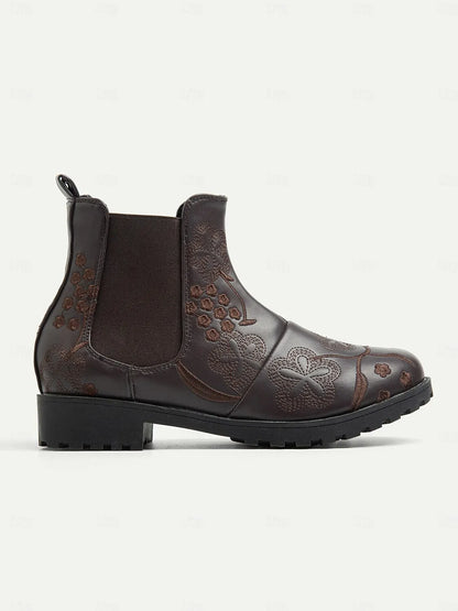 Women's Brown Chelsea Boots with Floral Embroidery and Rugged Sole