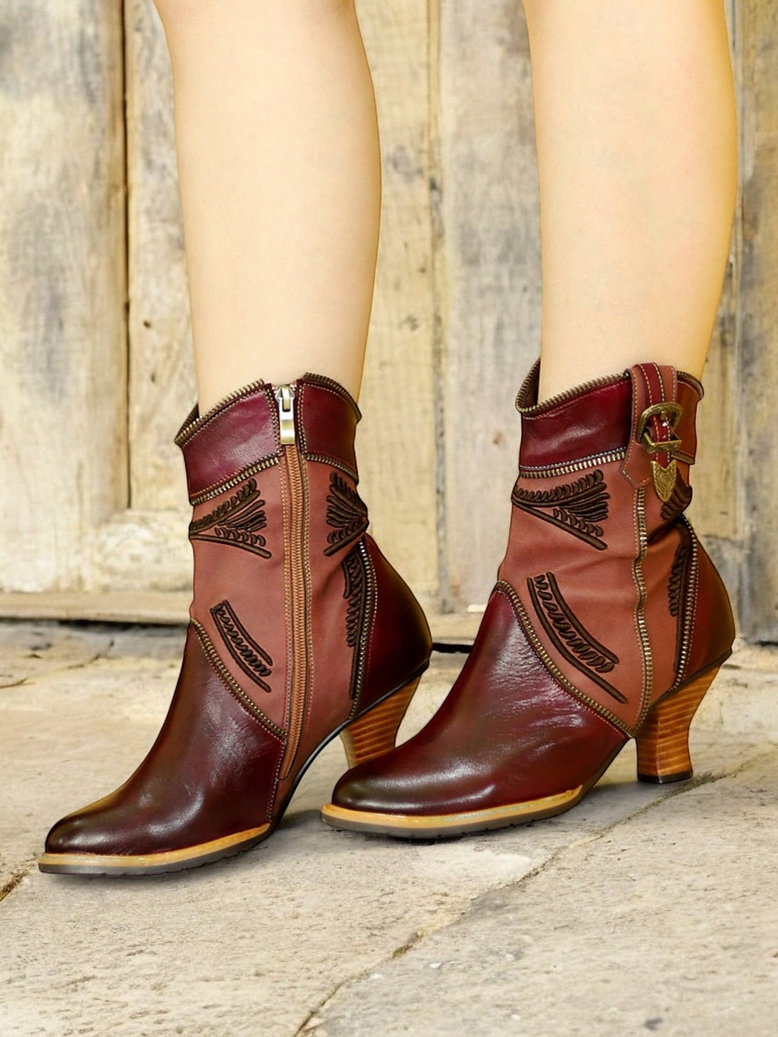 Women's Vintage Brown and Burgundy Leather Ankle Boots with Zipper, Buckle Strap