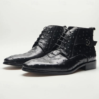 Men's Ostrich Embossed Leather Ankle Boots with Premium Cowhide and Lace-Up