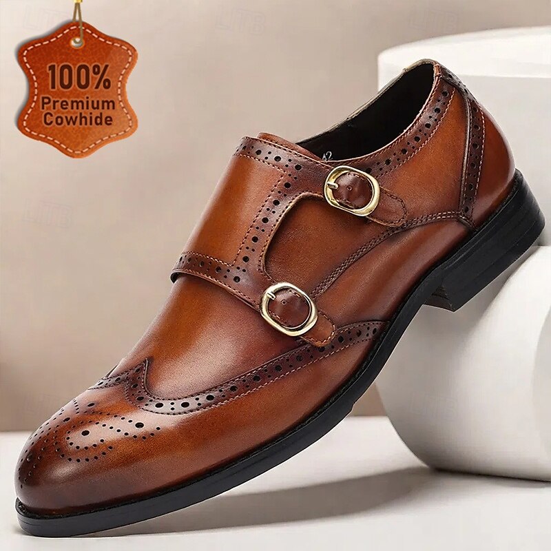 Men's Brown Double Monk Strap Shoes with Brogue Detailing - Premium Cowhide Leather Formal Dress Shoes