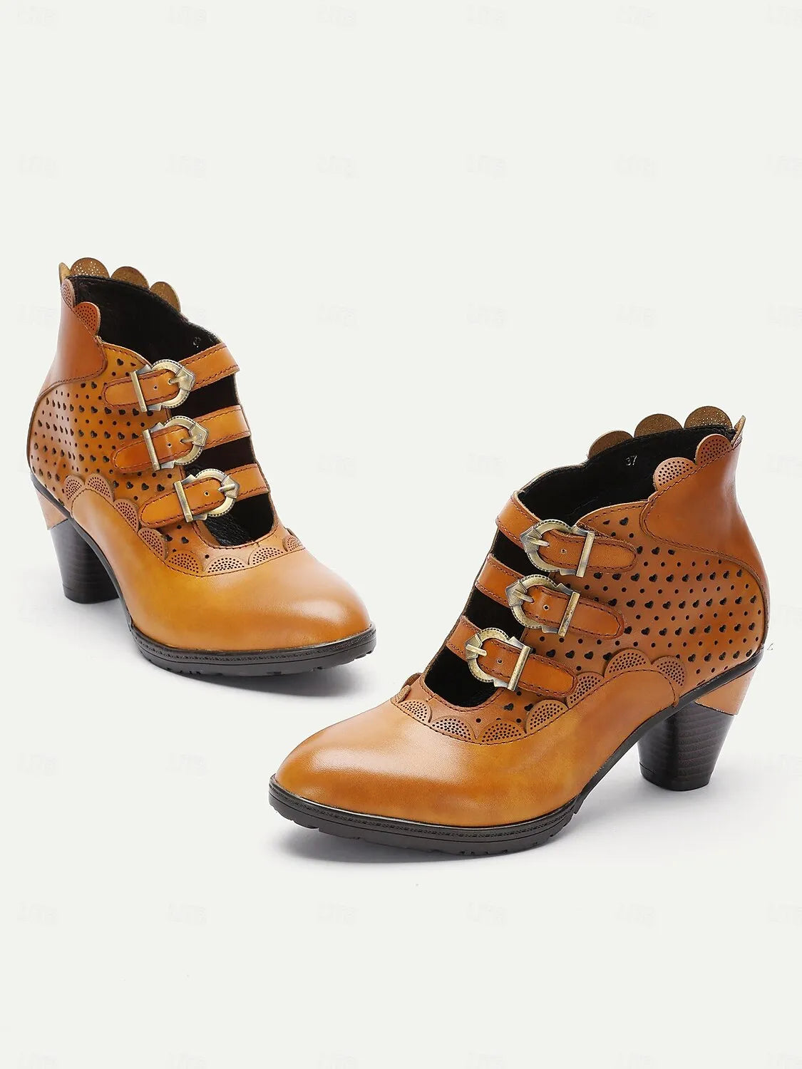 Vintage-Style Light Brown Buckle Strap Ankle Boots with Perforated Design for Women