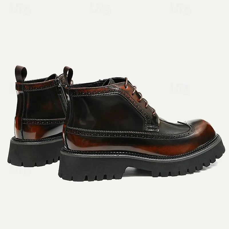 Men's Chunky Sole Brogue Boots - 100% Premium Cowhide Leather with Lace-Up Design - Tokiyos