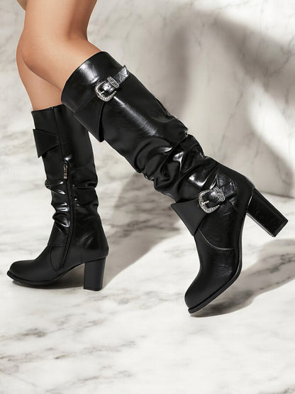 Women's Black Knee-High Chunky Heel Boots with Buckle Straps - Stylish Faux Leather Slouch Boots for Fall and Winter Casual Wear