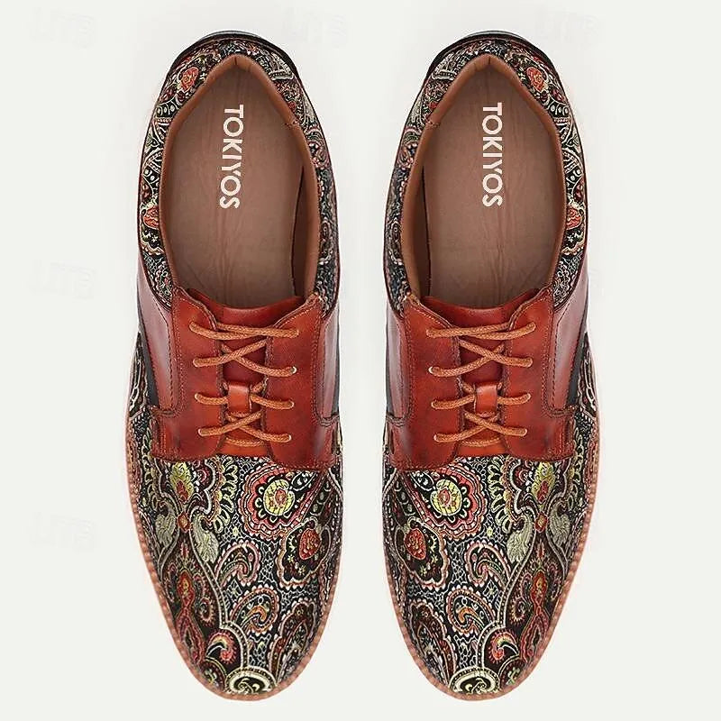 Men's Sneakers Paisley Print Leather Casual Shoes with White Soles - Tokiyos