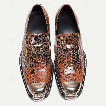 Men's Exotic Copper Snakeskin Print Leather Dress Shoes with Metal Cap Toe - Tokiyos