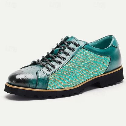 Men's Green Woven Outdoor Shoes with Rugged Sole and Black Accents