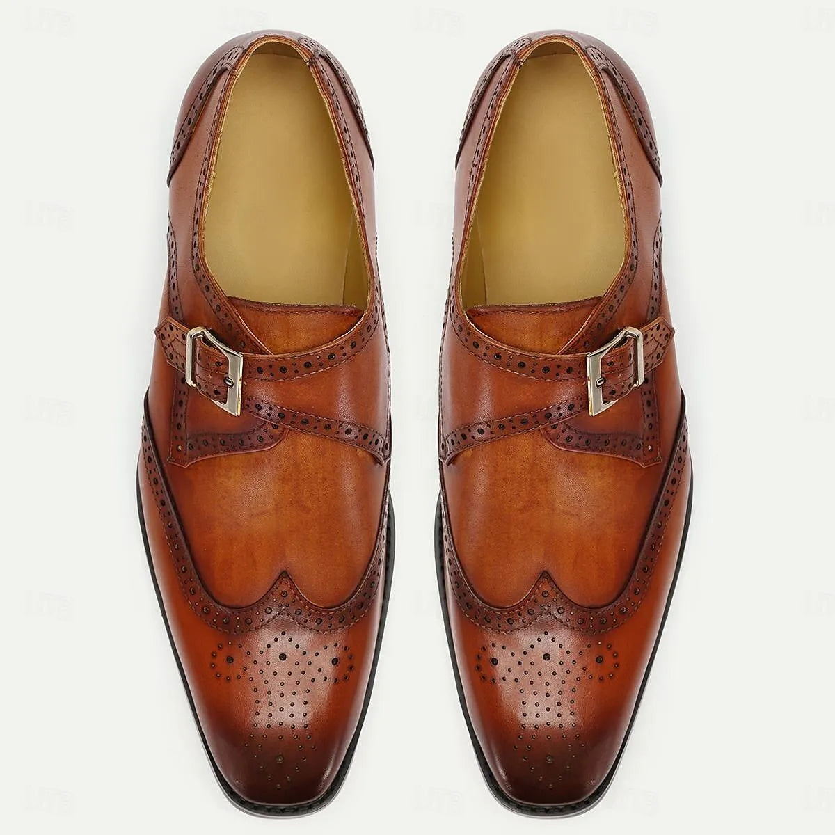 Men's Monk Strap Shoes Tan Leather Brogue Buckle - Tokiyos