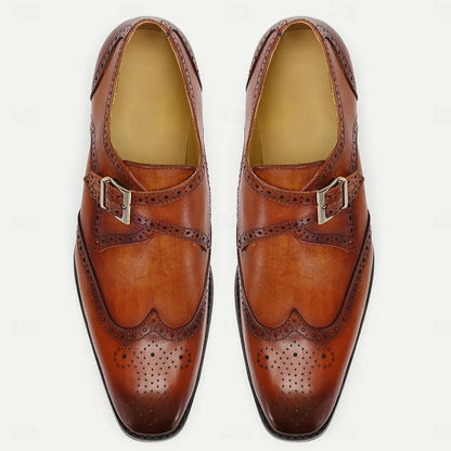 Men's Monk Strap Shoes Tan Leather Brogue Buckle - Tokiyos