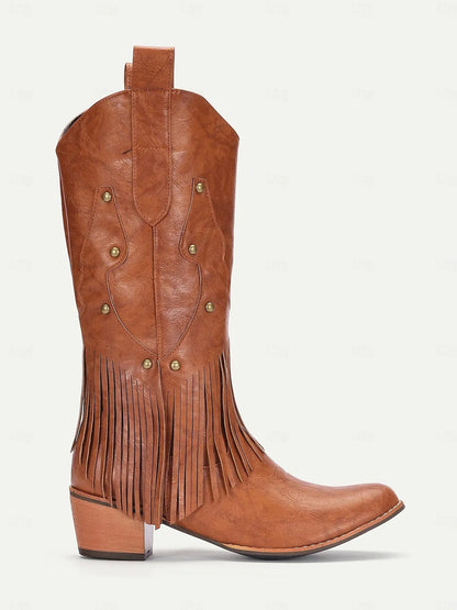 Women's Brown Faux Leather Western Cowboy Boots with Fringe Detail