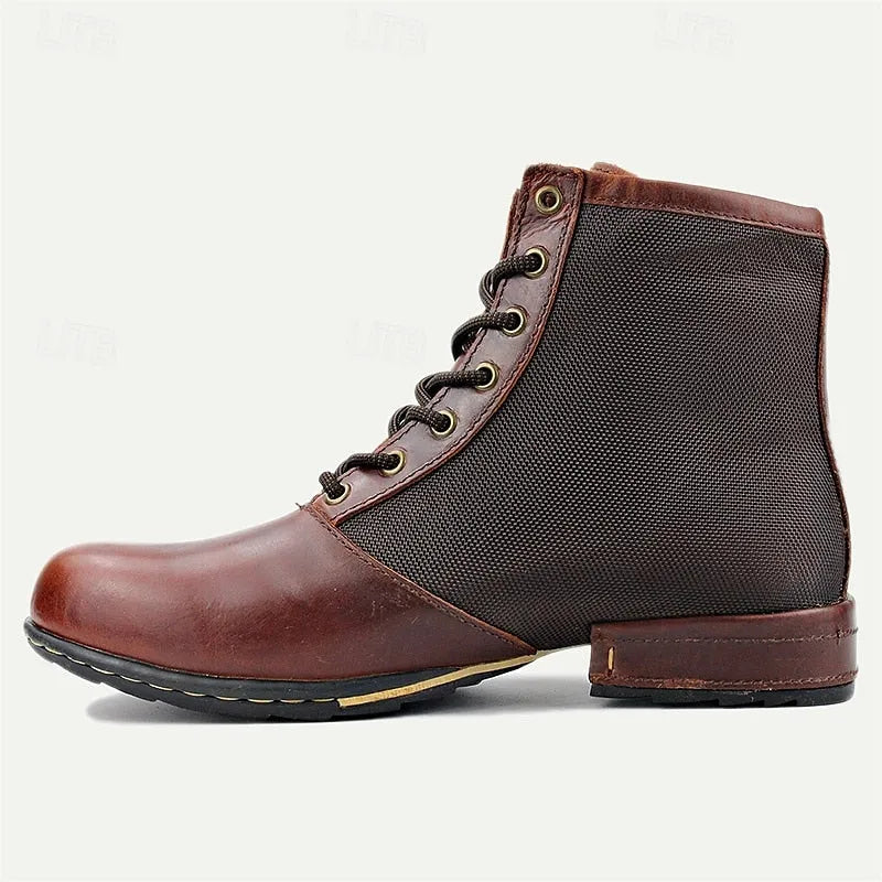 Men's Brown Leather and Mesh Motorcycle Ankle Boots with Lace-Up Design - Durable Biker Boots for Outdoor Adventures