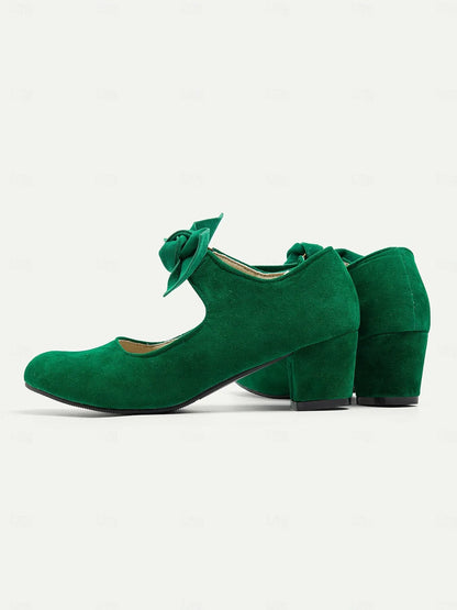 Women's Green Suede Mary Jane Shoes with Bow Detail