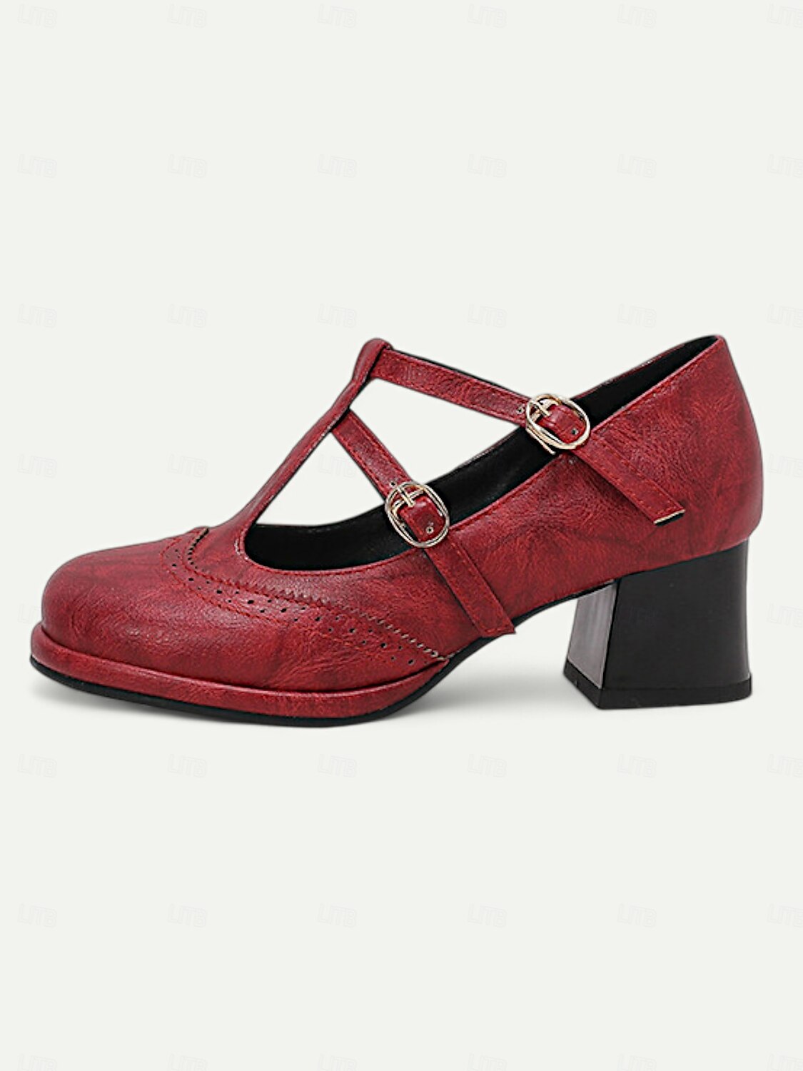 Women's Vintage Red Mary Jane Heels – Double Buckle Strap, Retro Block Heel, Perfect for Formal and Casual Occasions