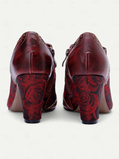 Women's Red Floral Lace-Up Heeled Oxford Shoes-Vintage Brogue Design with Rose Pattern for Retro and Steampunk Styles