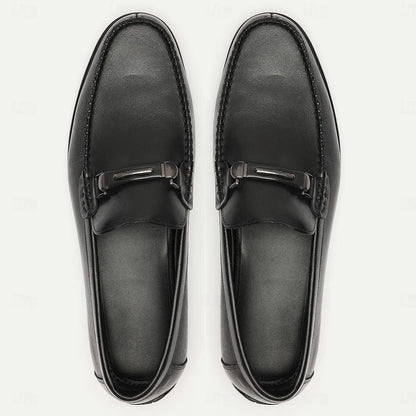 Men's Black Leather Loafers with Metal Buckle - Tokiyos