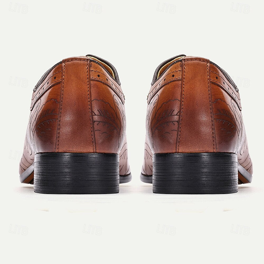 Men's Premium Cowhide Leather Oxford Shoes - Hand-Carved Floral Design Lace-Up Brogue Dress Shoes for Formal Occasions