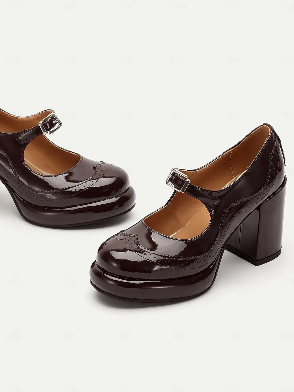 Women's Brown Patent Leather Mary Jane Block Heel Pumps with Brogue Detailing - Vintage-Inspired Dress Shoes for Office and Evening Wear