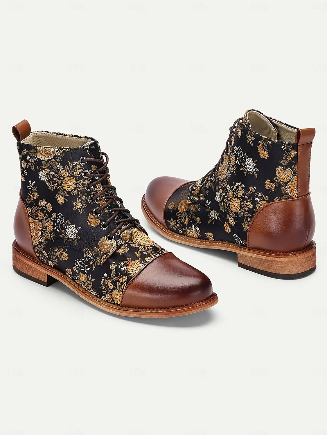 Women's Floral Print Lace-Up Ankle Boots – Retro Faux Leather and Jacquard Fabric Boots for Fall and Winter Casual Wear