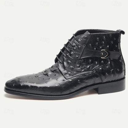 Men's Ostrich Embossed Leather Ankle Boots with Premium Cowhide and Lace-Up